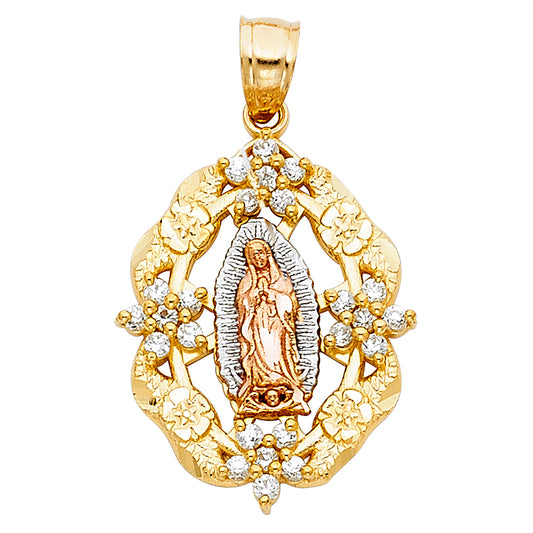 14K Tri-Color Gold Our Lady of Guadalupe Floral Frame Extra Small Pendant with CZ Accents