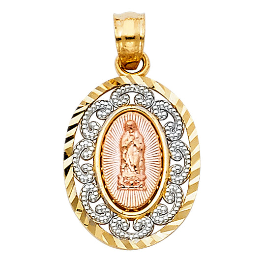 14K Tri-Color Gold Virgen de Guadalupe Oval Medallion Pendant