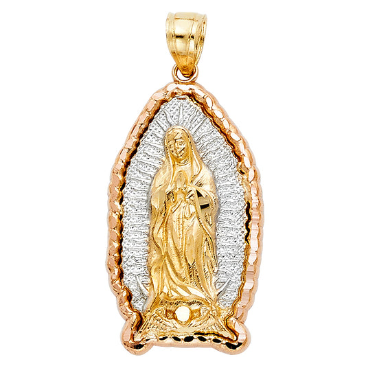 14K Tri-Color Gold Our Lady of Guadalupe Tiny Pendant with Braided Border