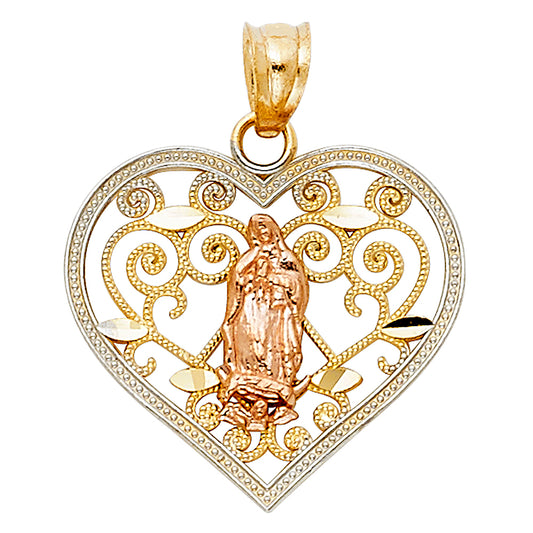 14K Tri-Color Gold Our Lady of Guadalupe Heart Filigree Pendant