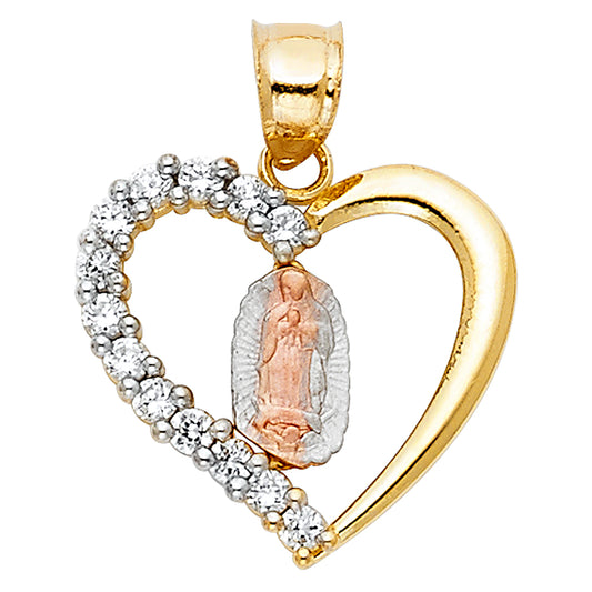 14K Tri-Color Gold Our Lady of Guadalupe Heart Pendant with CZ Accents