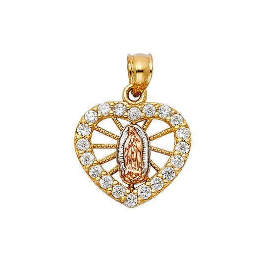 14K Tri-Color Gold Our Lady of Guadalupe Heart Pendant with CZ Halo