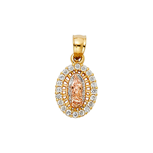 14K Tri-Color Gold Our Lady of Guadalupe Oval Halo Tiny Pendant with CZ Border