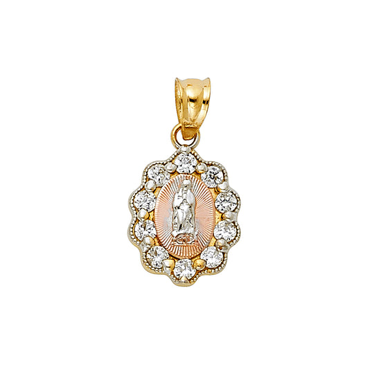 14K Tri-Color Gold Our Lady of Guadalupe Scalloped Halo Tiny Pendant with CZ Stones