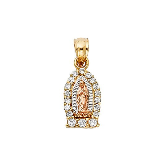14K Tri-Color Gold Our Lady of Guadalupe Halo Tiny Pendant with CZ Stones