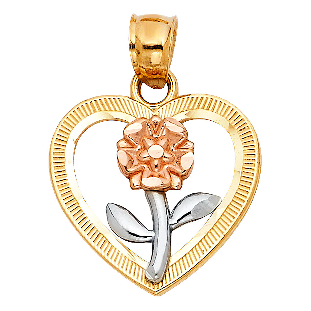 14K Tri-Color Gold Heart and Rose Design Pendant