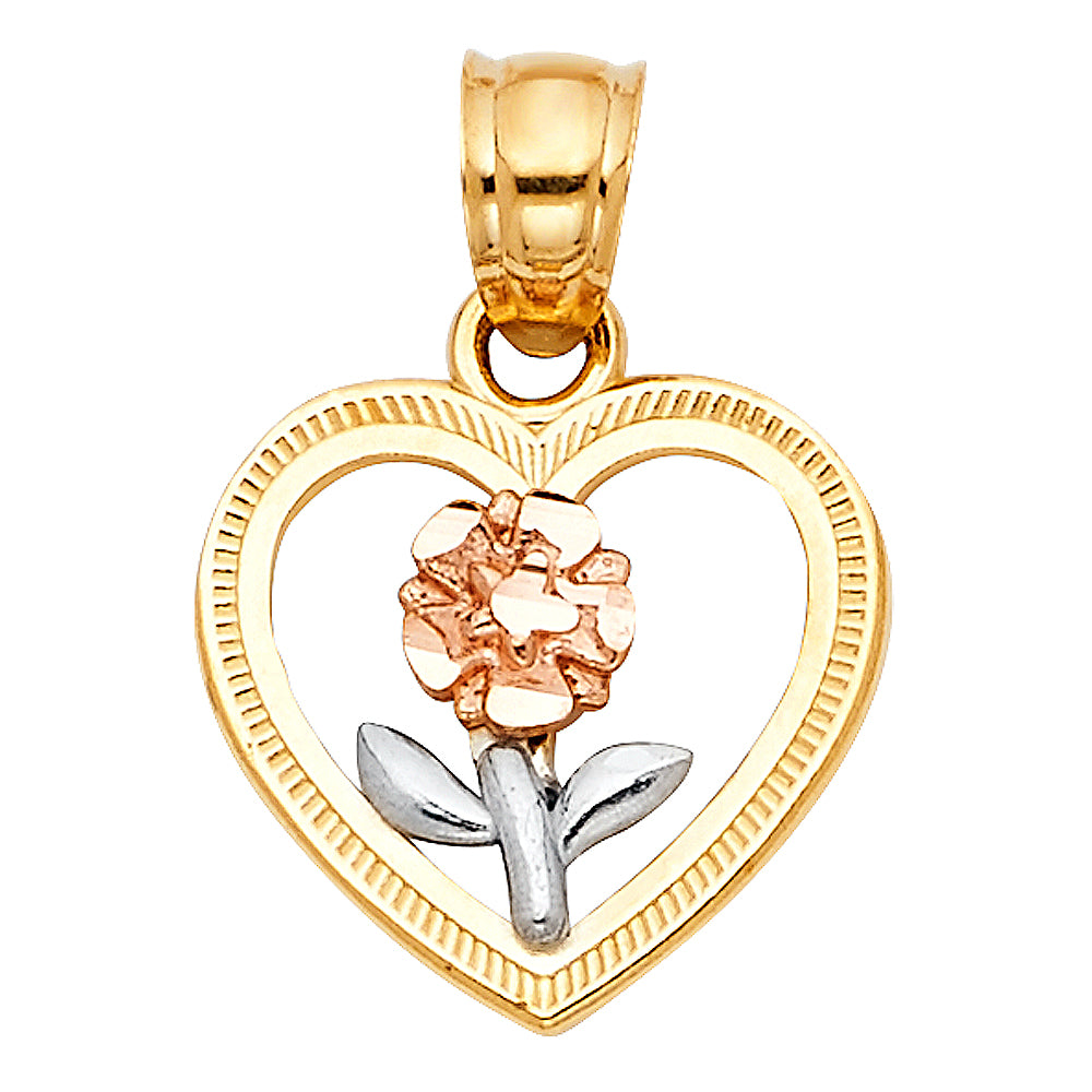 14K Tri-Color Gold Heart and Rose Design Pendant
