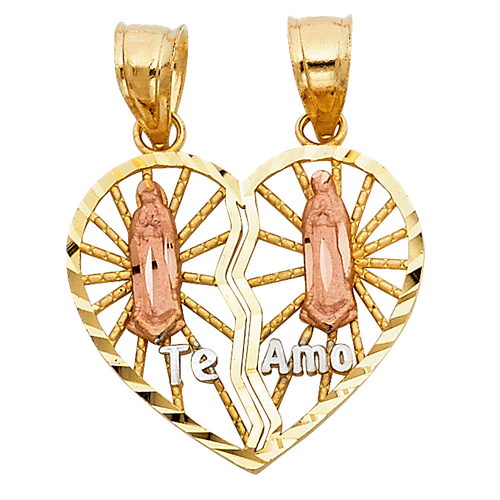 14K Tri-Color Gold Double Sided / Reversible Sacred Heart “Te Amo” Pendant