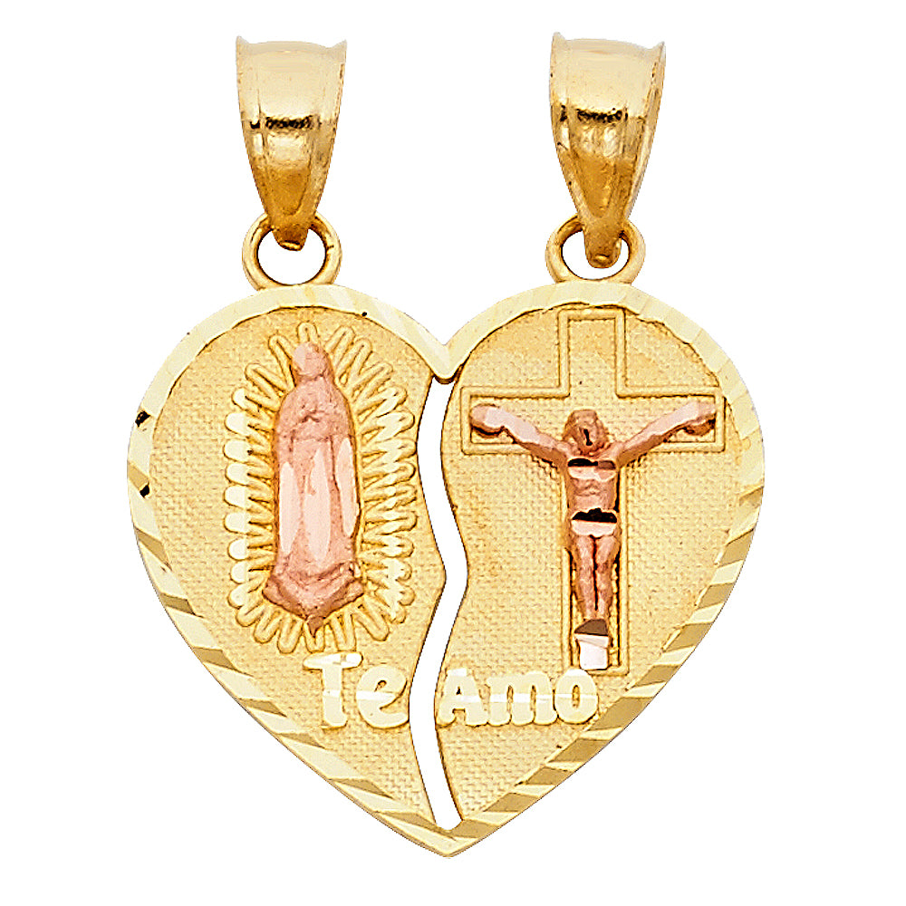 14K Tri-Color Gold Double Sided / Reversible Virgin Guadalupe & Crucifix “Te Amo” Heart Pendant