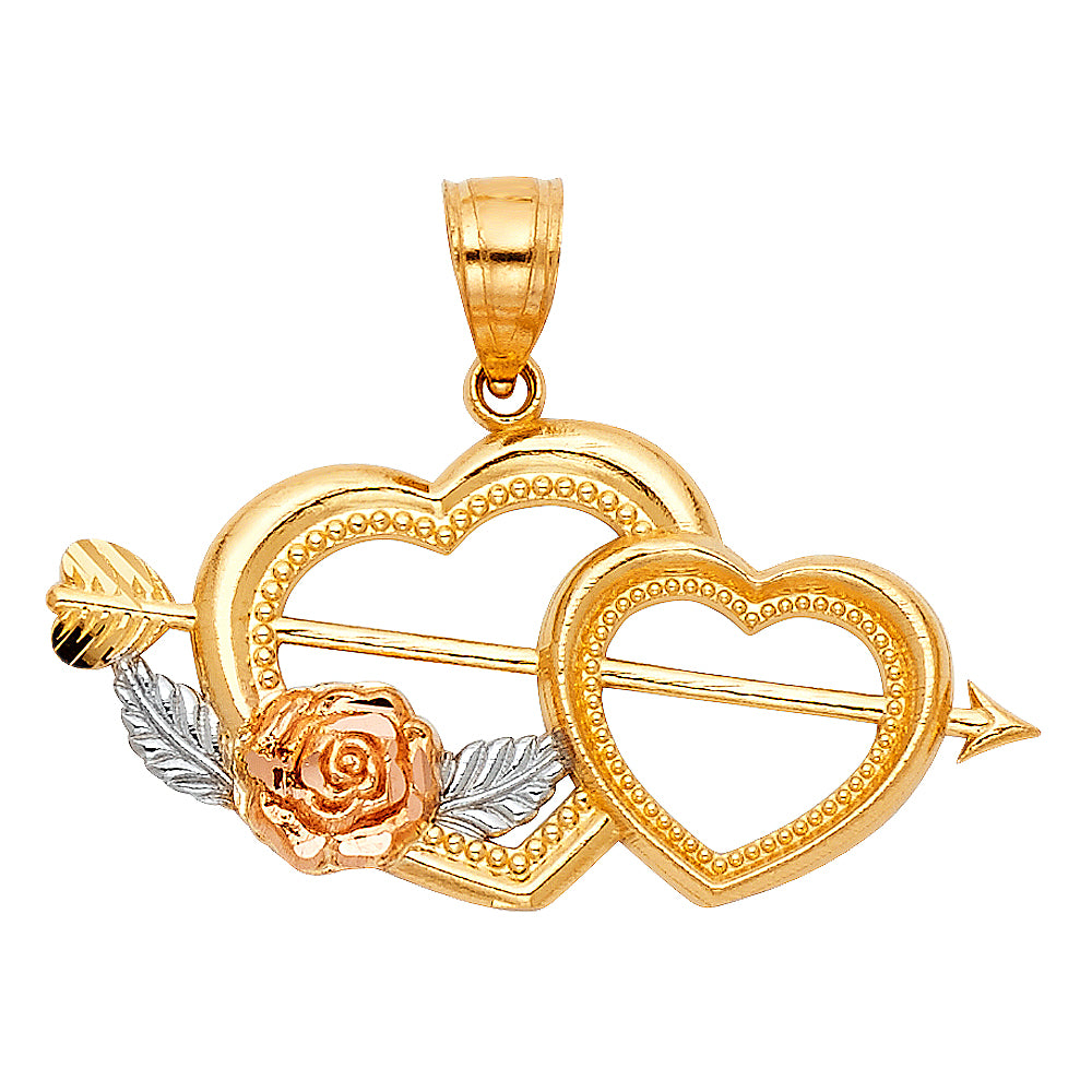 14K Tri-Color Gold Double Heart Arrow & Rose Design Pendant