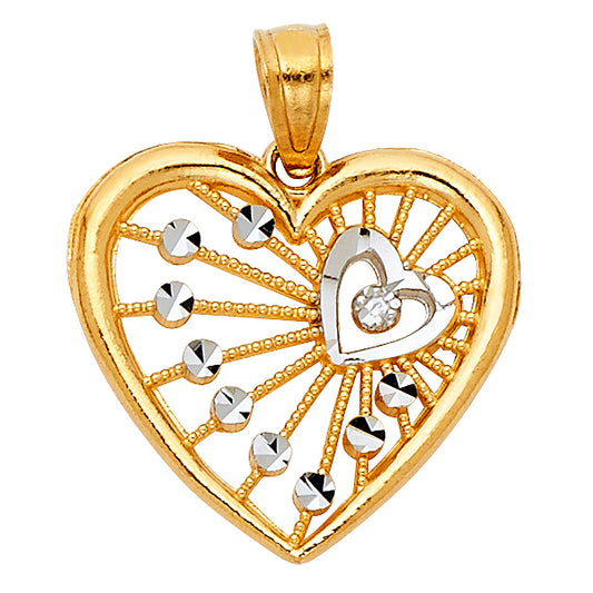 14K Two-Tone Gold Open Heart Pendant with Inner Heart Accent