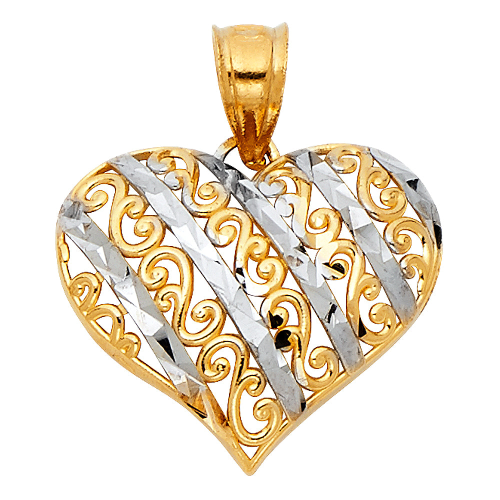 14K Two-Tone Gold Filigree Heart Pendant with Diamond-Cut Stripes