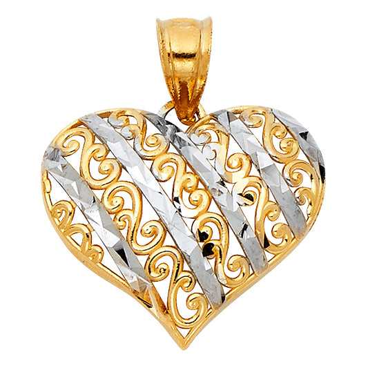 14K Two-Tone Gold Filigree Heart Pendant with Diamond-Cut Stripes