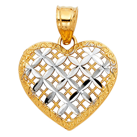 14K Two-Tone Gold Open Filigree Heart Pendant with Diamond-Cut Floral Pattern