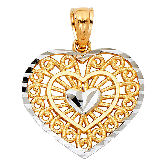 14K Two-Tone Gold Open Filigree Heart Pendant with Diamond-Cut Center Heart