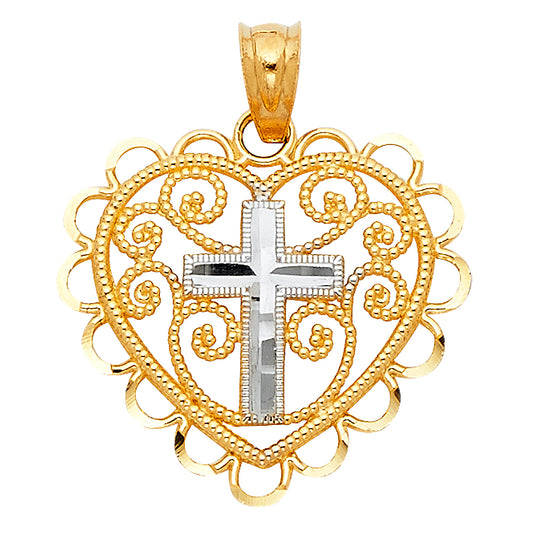 14K Two-Tone Gold Filigree Heart Pendant with Diamond-Cut Cross