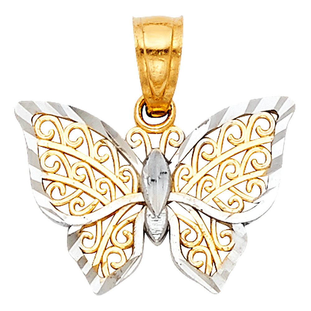 14K Two-Tone Gold Filigree Butterfly Pendant