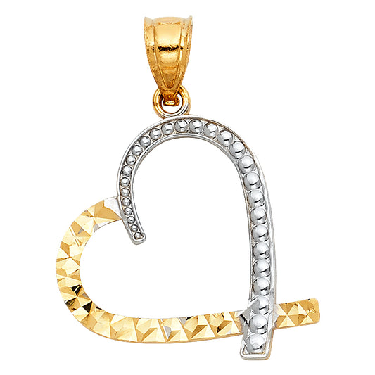 14K Two-Tone Gold Open Heart Pendant with Diamond-Cut and Beaded Detail