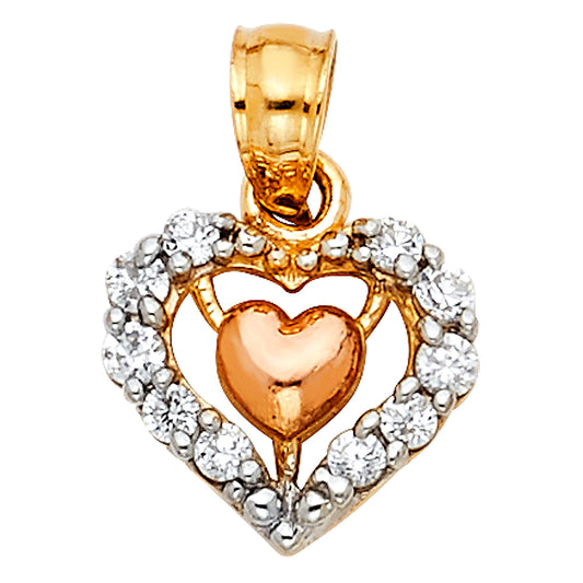 14K Tri-Color Gold Double Heart Pendant accented with Cubic Zirconia