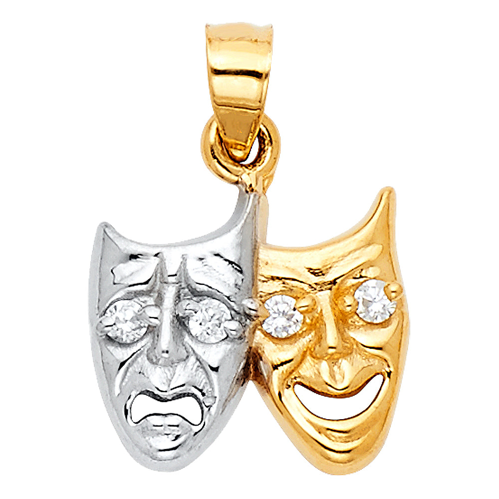 14K Two-Tone Gold Comedy & Tragedy Mask Pendant with Cubic Zirconia Accents