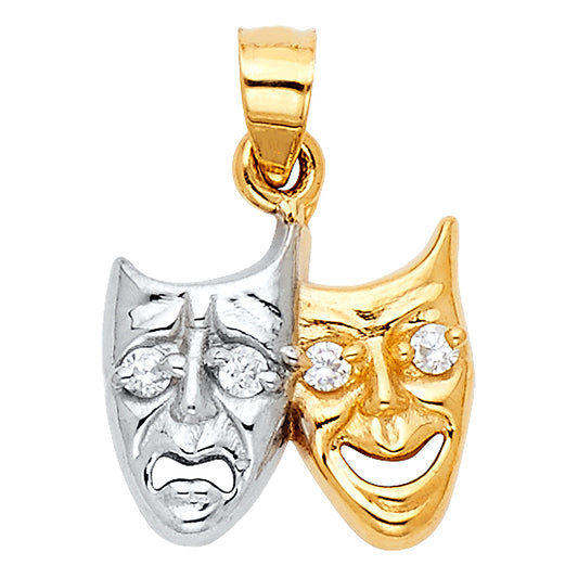 14K Two-Tone Gold Comedy & Tragedy Mask Pendant with Cubic Zirconia Accents
