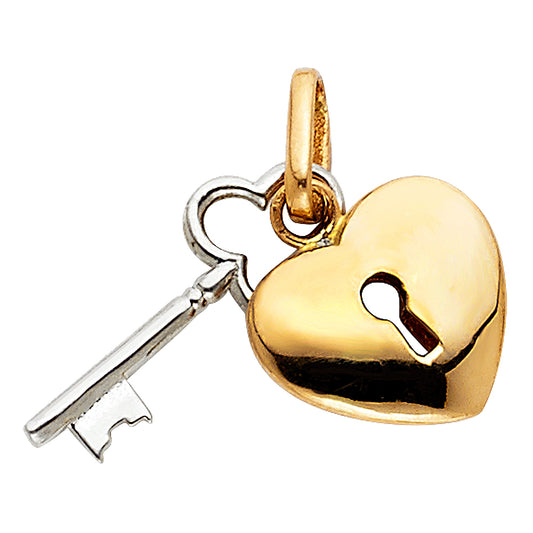 14K Two-Tone Gold Heart Lock and Key Pendant