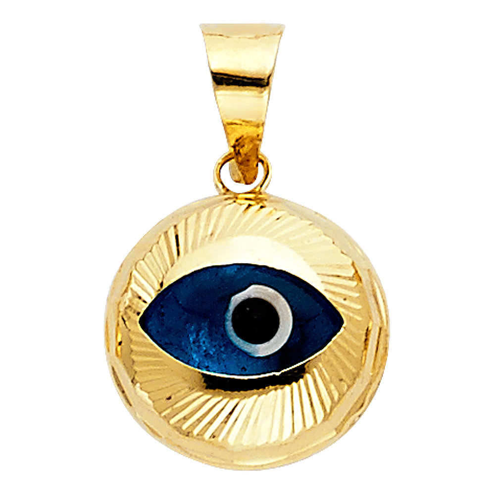 14K Yellow Gold Round Diamond-Cut Blue Enamel Evil Eye Pendant