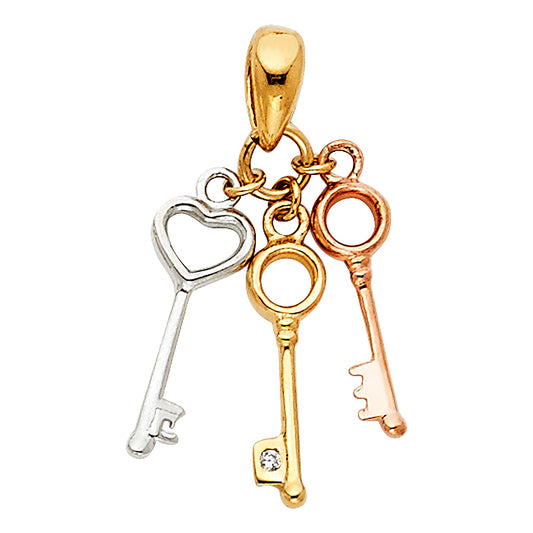 14K Tri-Color Gold Three Keys Pendant accented with Cubic Zirconia