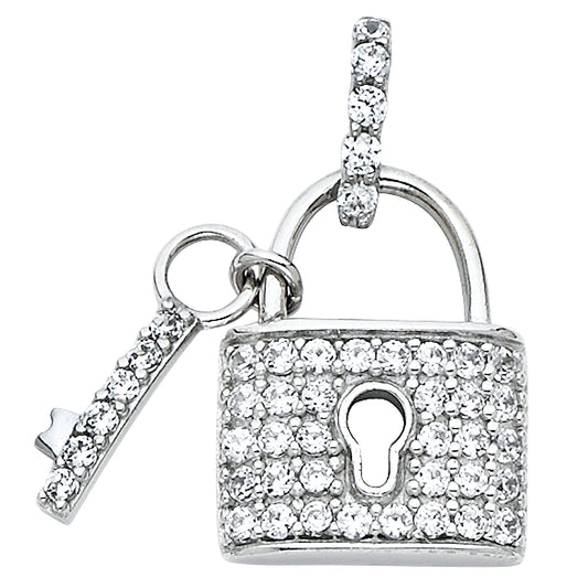 14K White Gold Lock and Key Pendant with CZ Accents