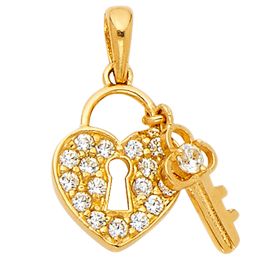 14K Yellow Gold Heart Lock and Key Pendant with CZ Accents