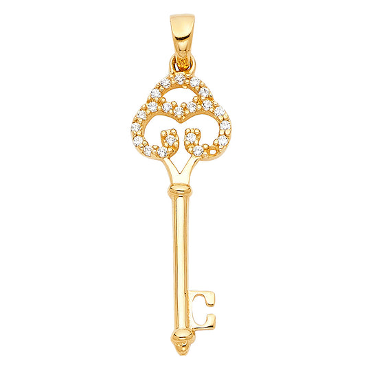 14K Yellow Gold Key Design Pendant with CZ Accents