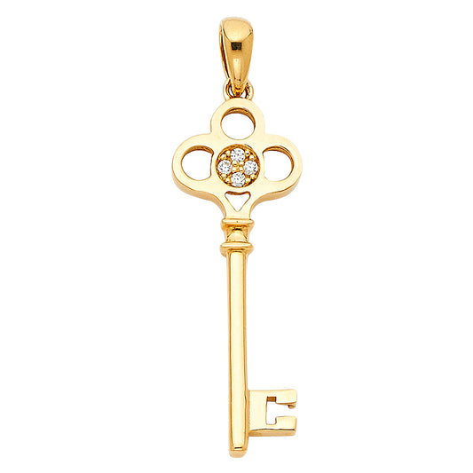 14K Yellow Gold Key Design Pendant accented with CZ Cluster