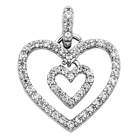 14K White Gold Double Heart Pendant with Cubic Zirconia