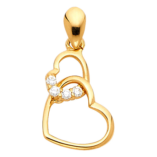 14K Yellow Gold Double Open Heart Pendant accented with Cubic Zirconia
