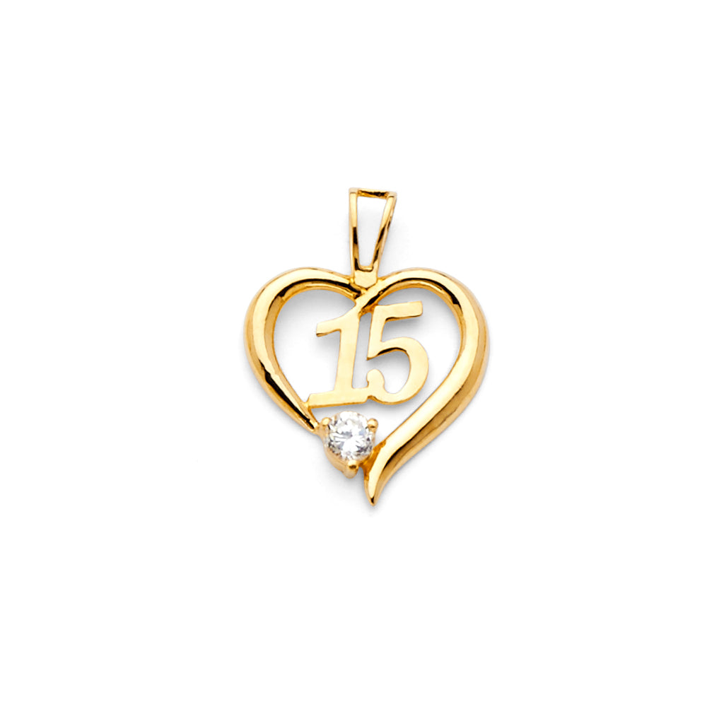 14K Yellow Gold Mis 15 Años Heart Pendant with Single CZ