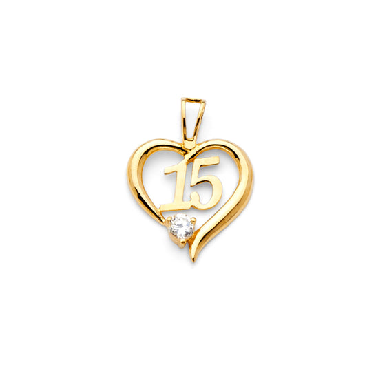 14K Yellow Gold Mis 15 Años Heart Pendant with Single CZ