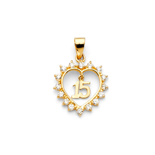 14K Yellow Gold Mis 15 Años Open Heart Pendant with CZ Halo