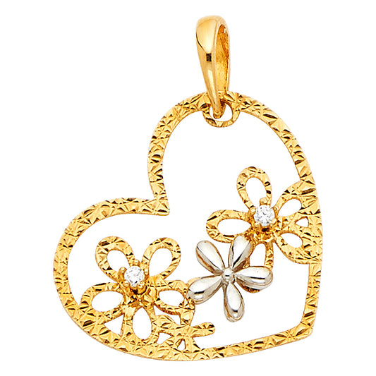 14K Two-Tone Gold Open Heart Pendant with Floral Design accented with Cubic Zirconia
