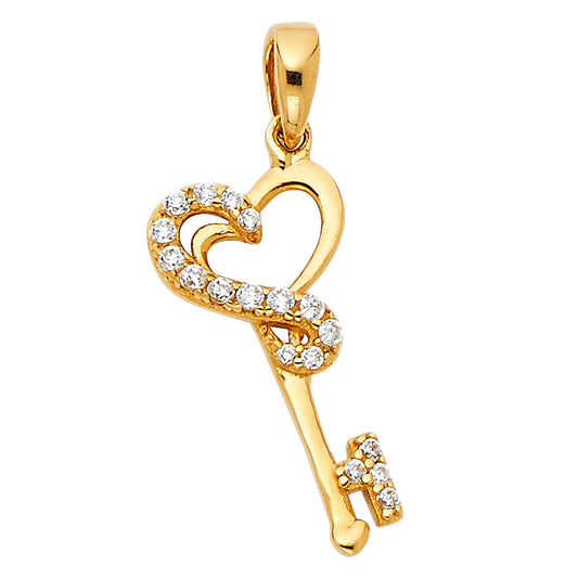 14K Yellow Gold Heart Key Pendant accented with Cubic Zirconia