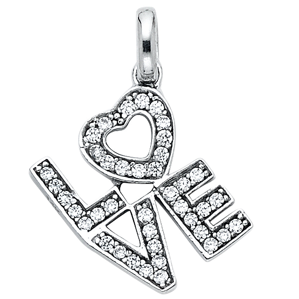 14K White Gold “LOVE” Heart Design CZ Pendant