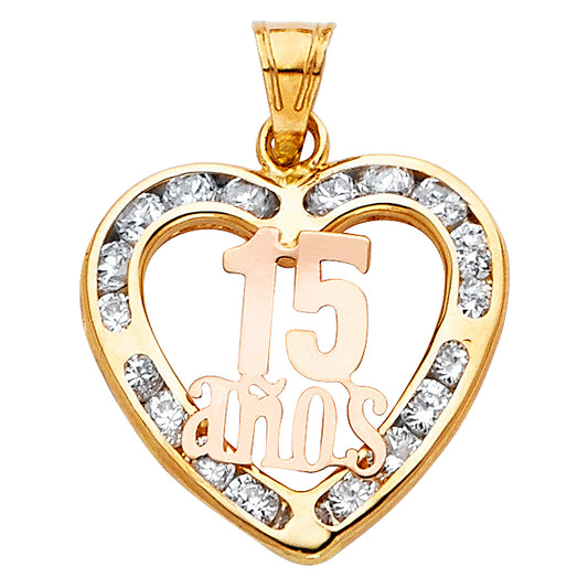 14K Two-Tone Gold Mis 15 Años Open Heart Pendant with CZ Accents