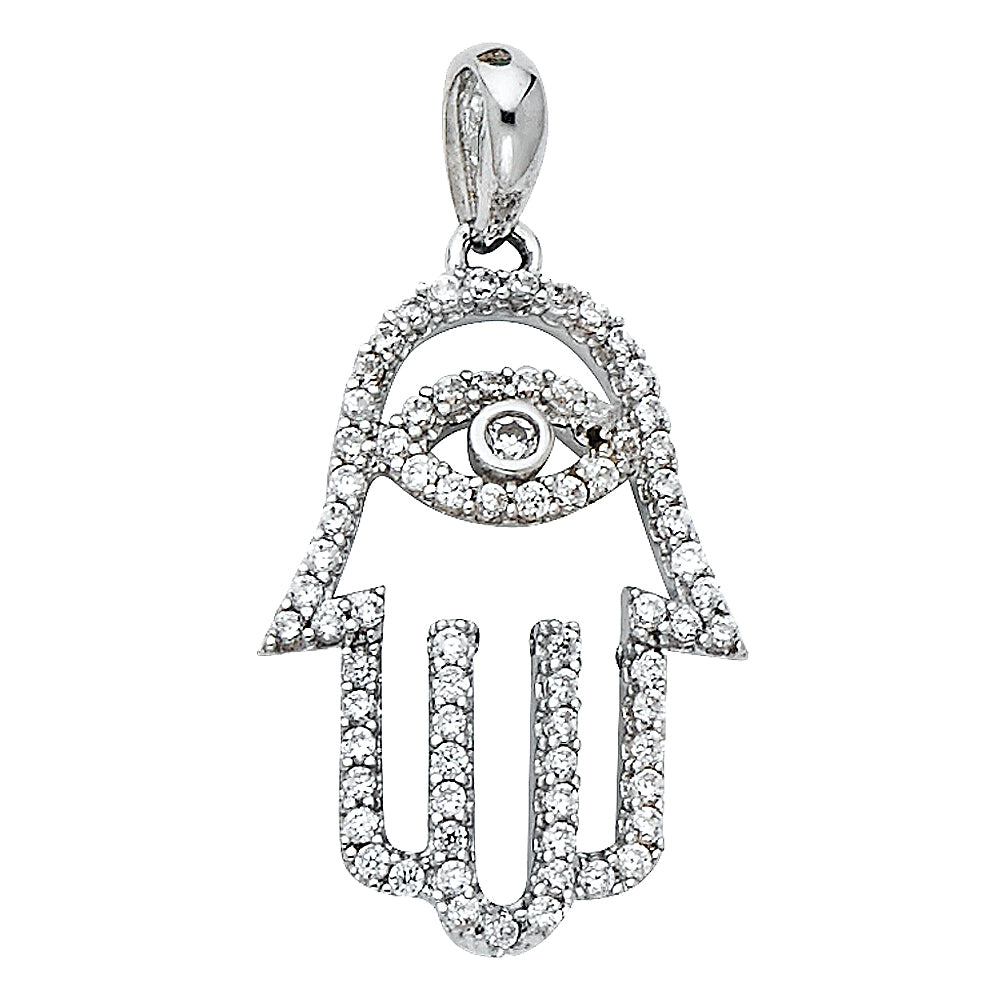 14K White Gold Hamsa Hand Evil Eye CZ Pendant