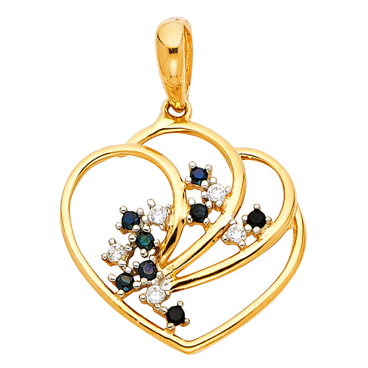 14K Yellow Gold Double Heart Pendant accented with Synthetic Blue Sapphire and Cubic Zirconia