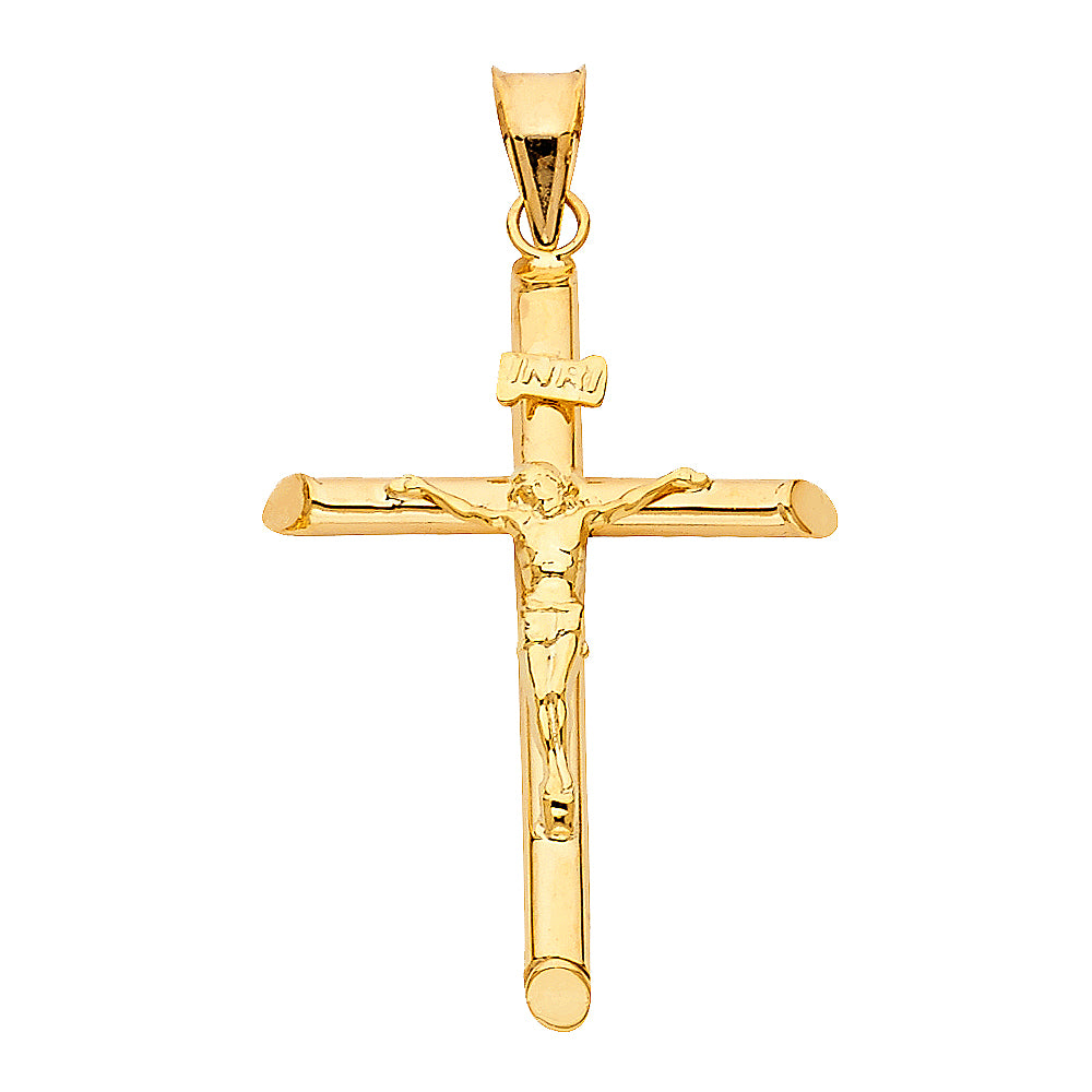 14K Yellow Gold High-Polished Tube Crucifix Pendant with INRI & Christ Figure aprox 1.5" Tall