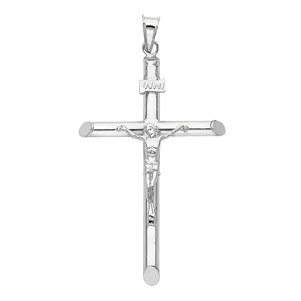 14K White Gold High-Polished Tube Crucifix Pendant with INRI & Christ Figure aprox 2 1/4" Tall