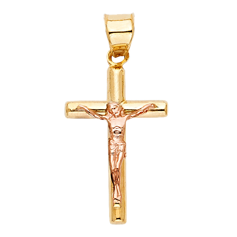 14K Two-Tone Gold High-Polished Tube Crucifix Pendant with Rose Gold Christ Figure aprox 3/4" Tall