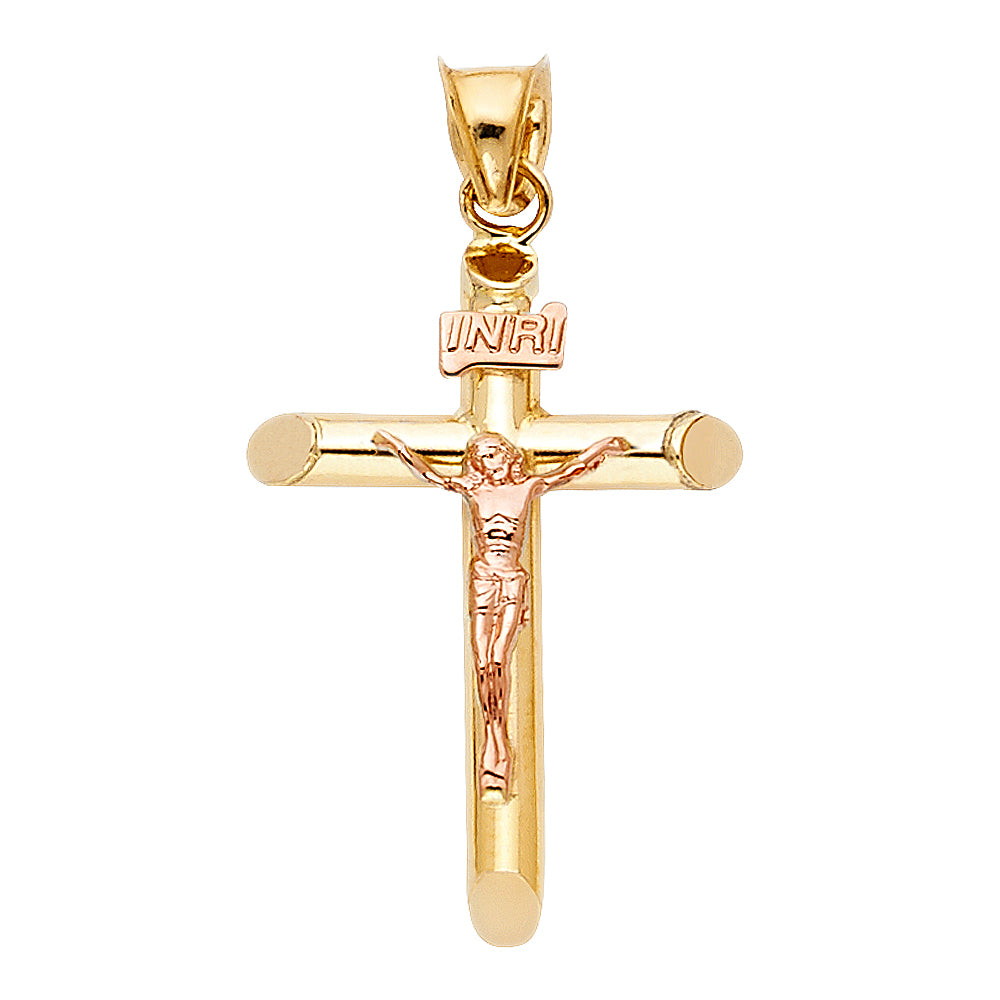 14K Two-Tone Gold High-Polished Tube Crucifix Pendant with Rose Gold Christ Figure aprox 1/4" Tall
