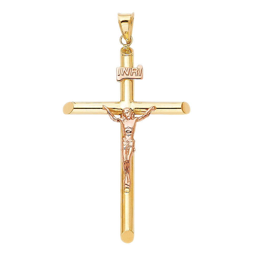 14K Two-Tone Gold High-Polished Tube Crucifix Pendant with Rose Gold Christ Figure aprox 1.5" Tall