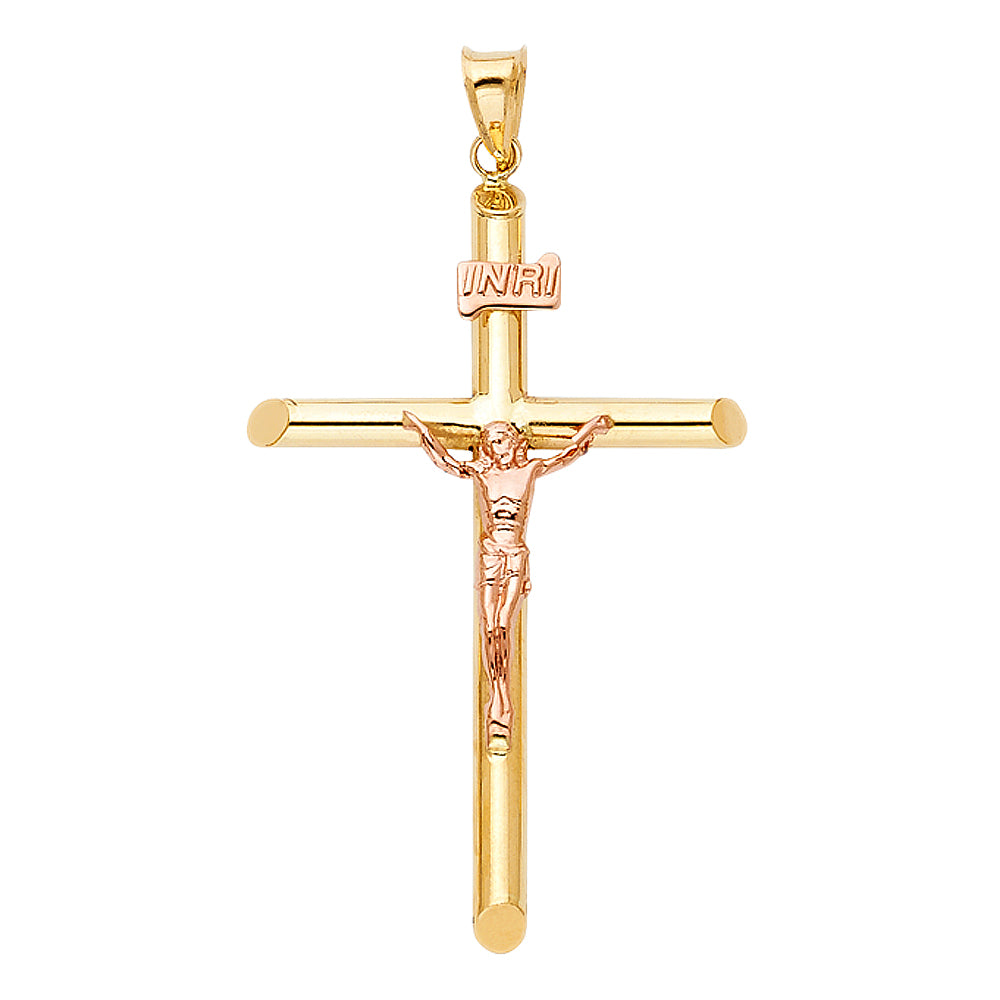 14K Two-Tone Gold High-Polished Tube Crucifix Pendant with Rose Gold Christ Figure aprox 2" Tall