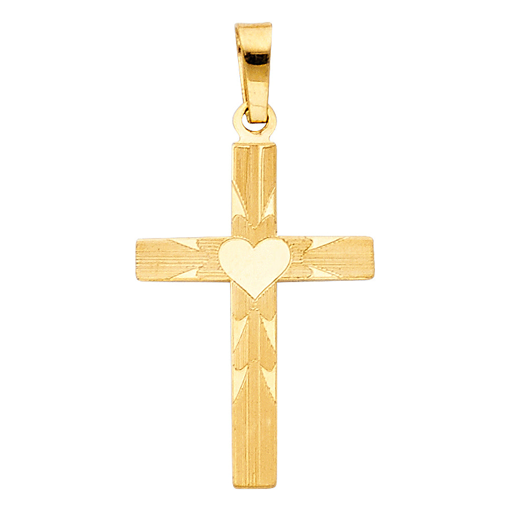 14K Yellow Gold Diamond-Cut Heart Center Cross Pendant aprox 3/4" tall